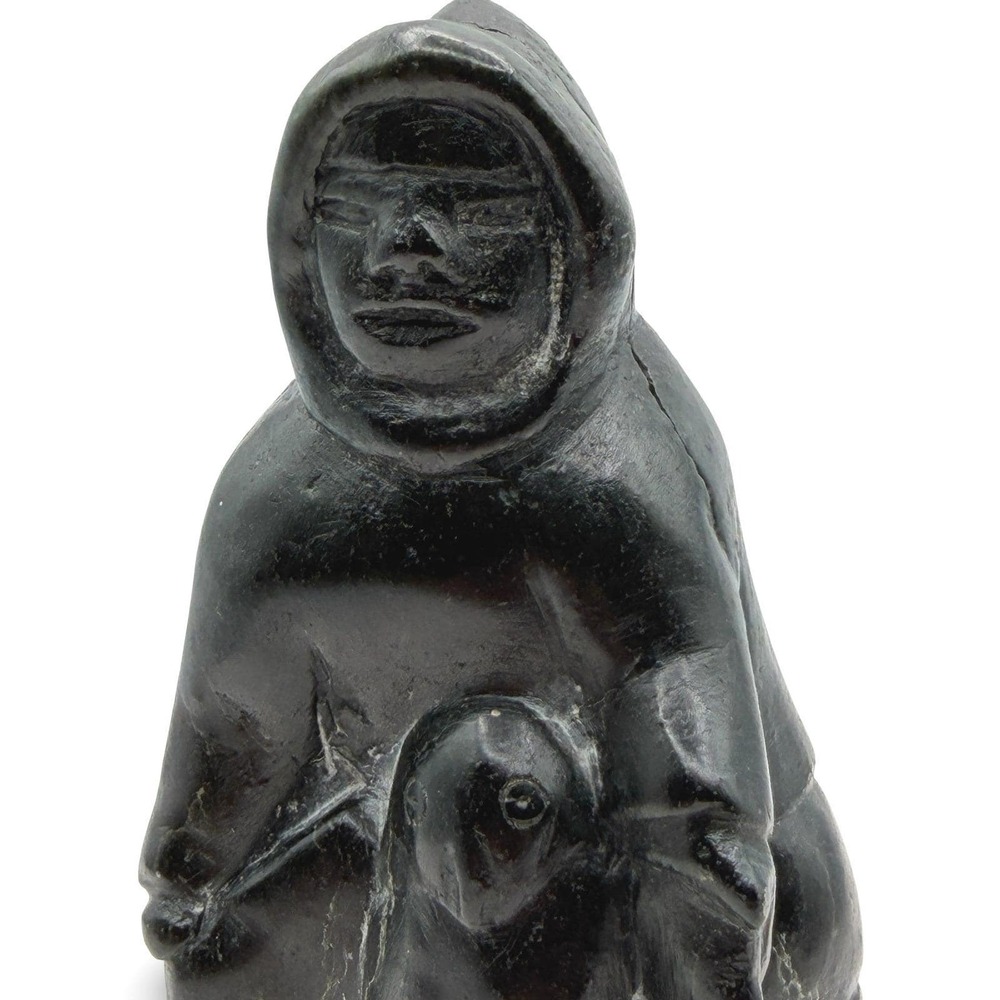 Vintage Signed Inuit Hand-Carved Soapstone Hunter with Arctic Bird Canada